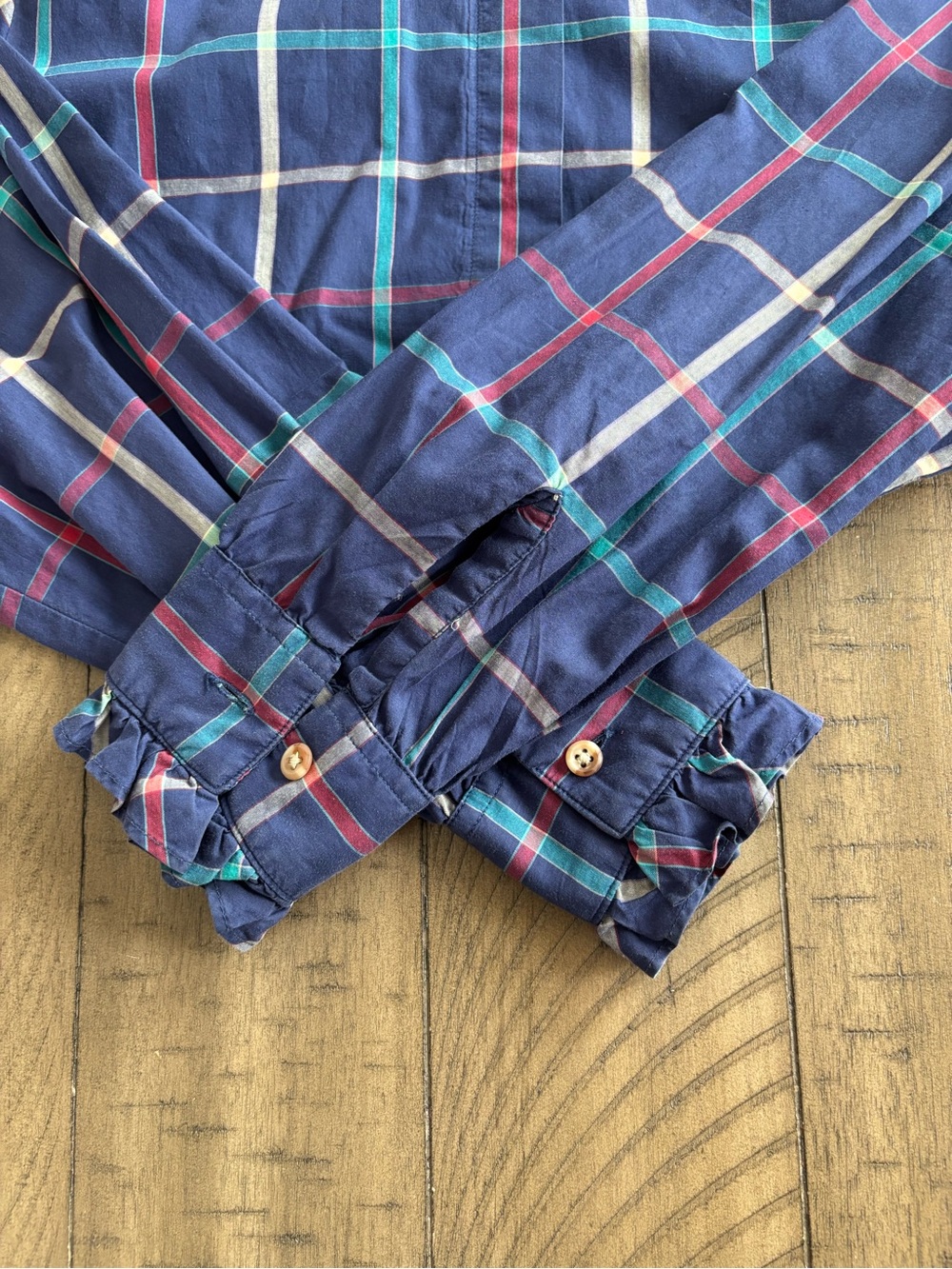 Talbots Navy Plaid Ruffle-Collar Button-Down Top - Picture 2 of 8